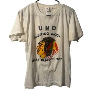 Vintage 1987 UND Fighting Sioux NCAA Playoff T-Shirt Hanco White XL